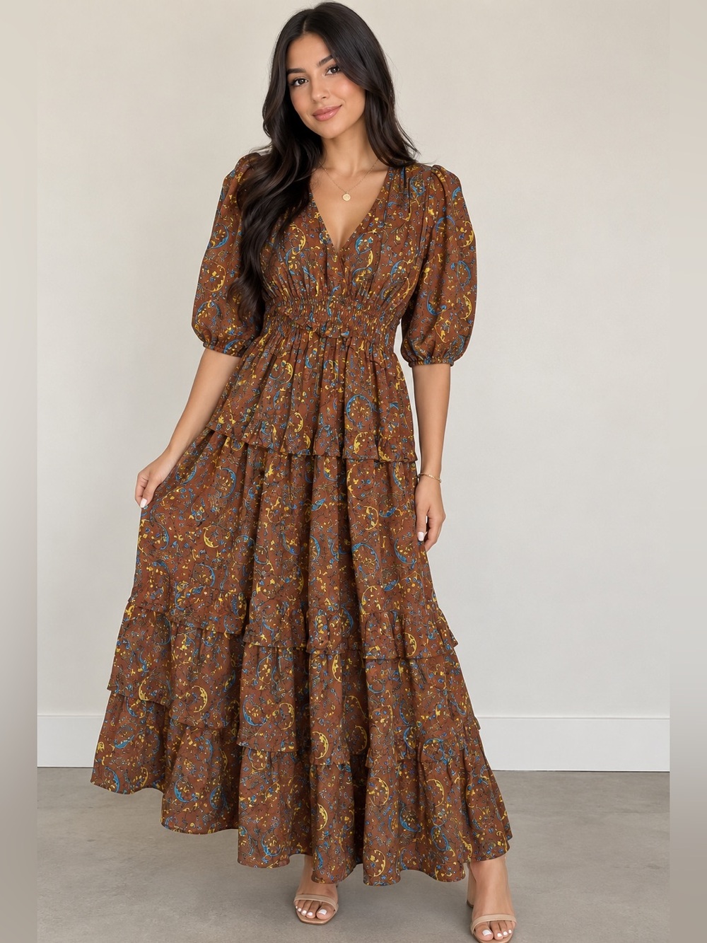 Anna Care Tiered Ruffle Maxi Dress Brown Multi Women Size Large Puffed Sleeves